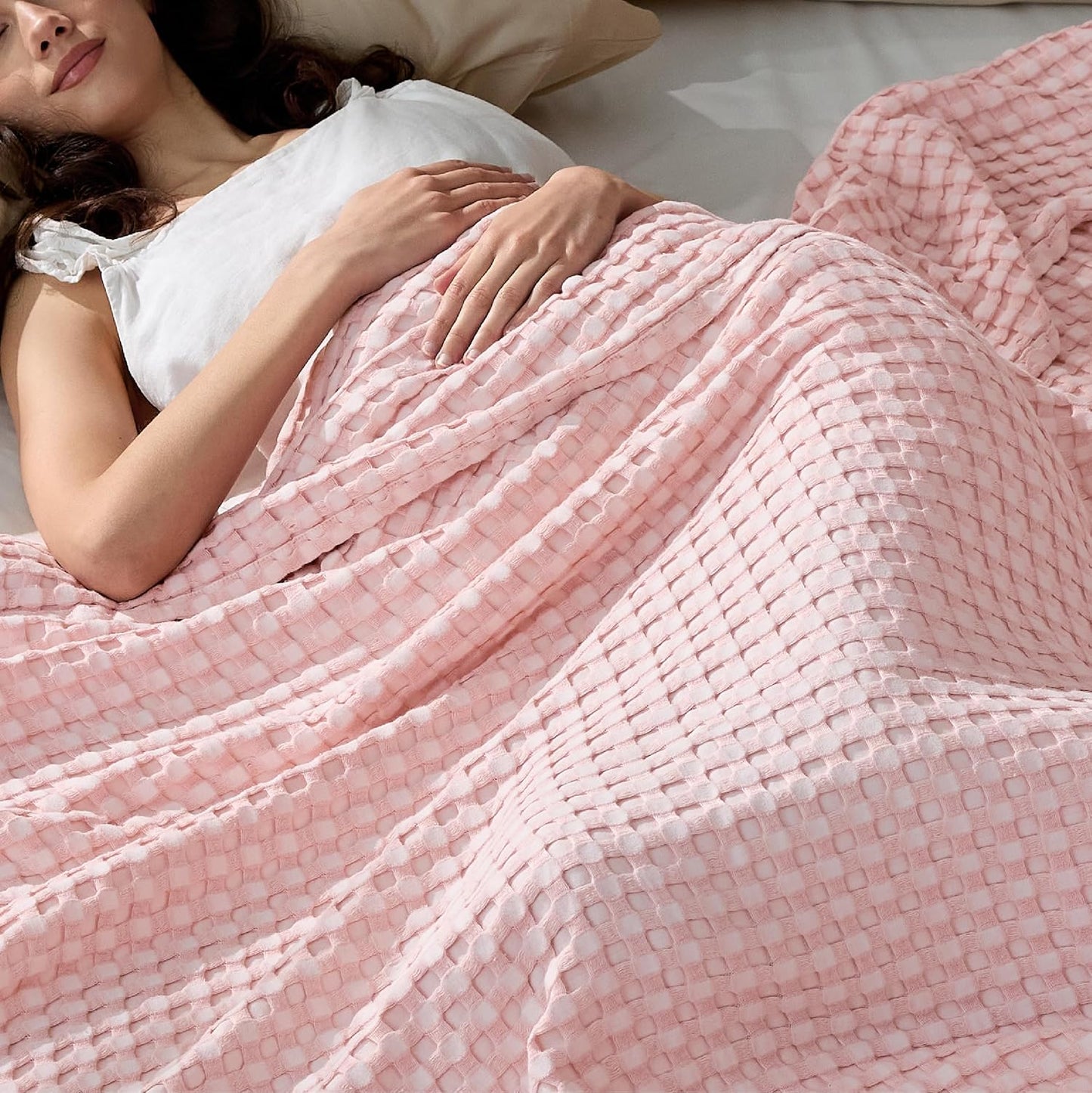 Bedsure Cooling Cotton Waffle Blanket for Hot Sleepers, Pink