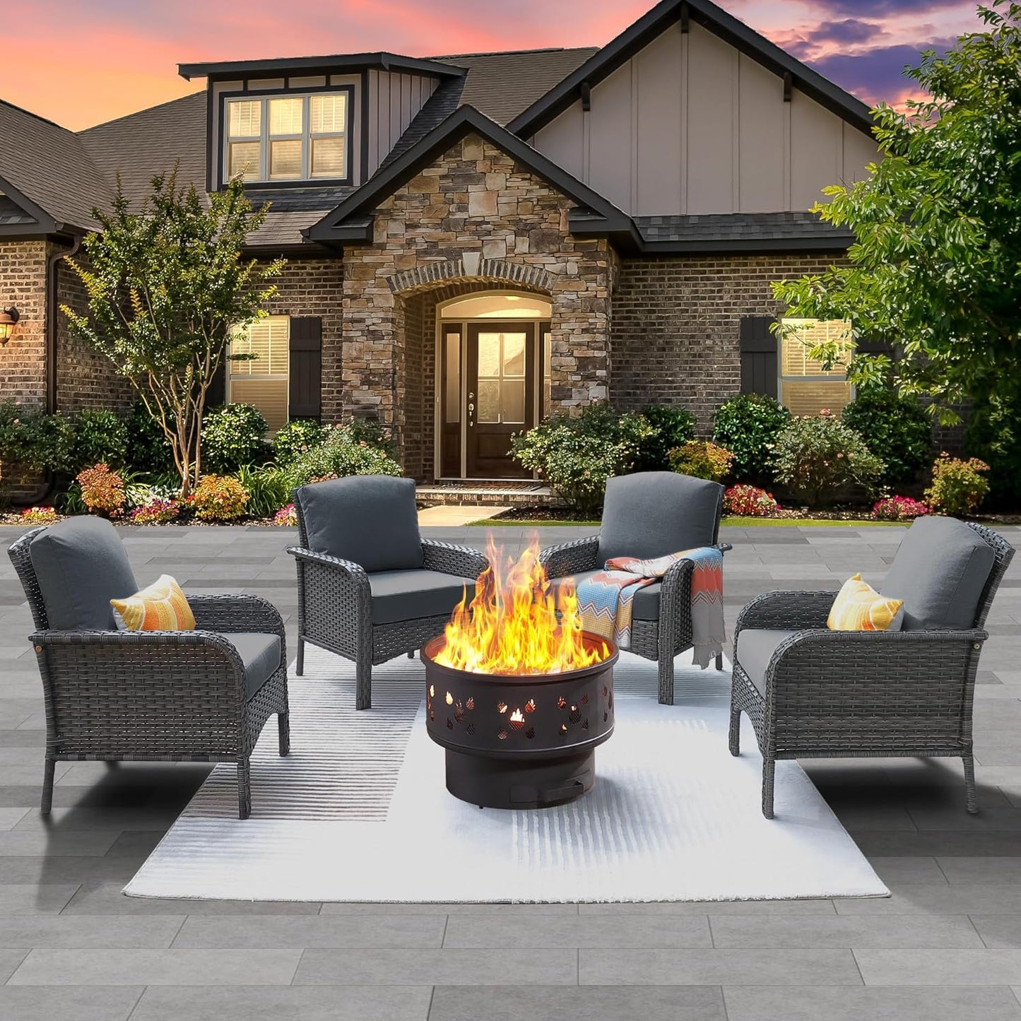 ovios 4 Pieces Patio Furniture Set with Fire Pit for Outdoor Fun