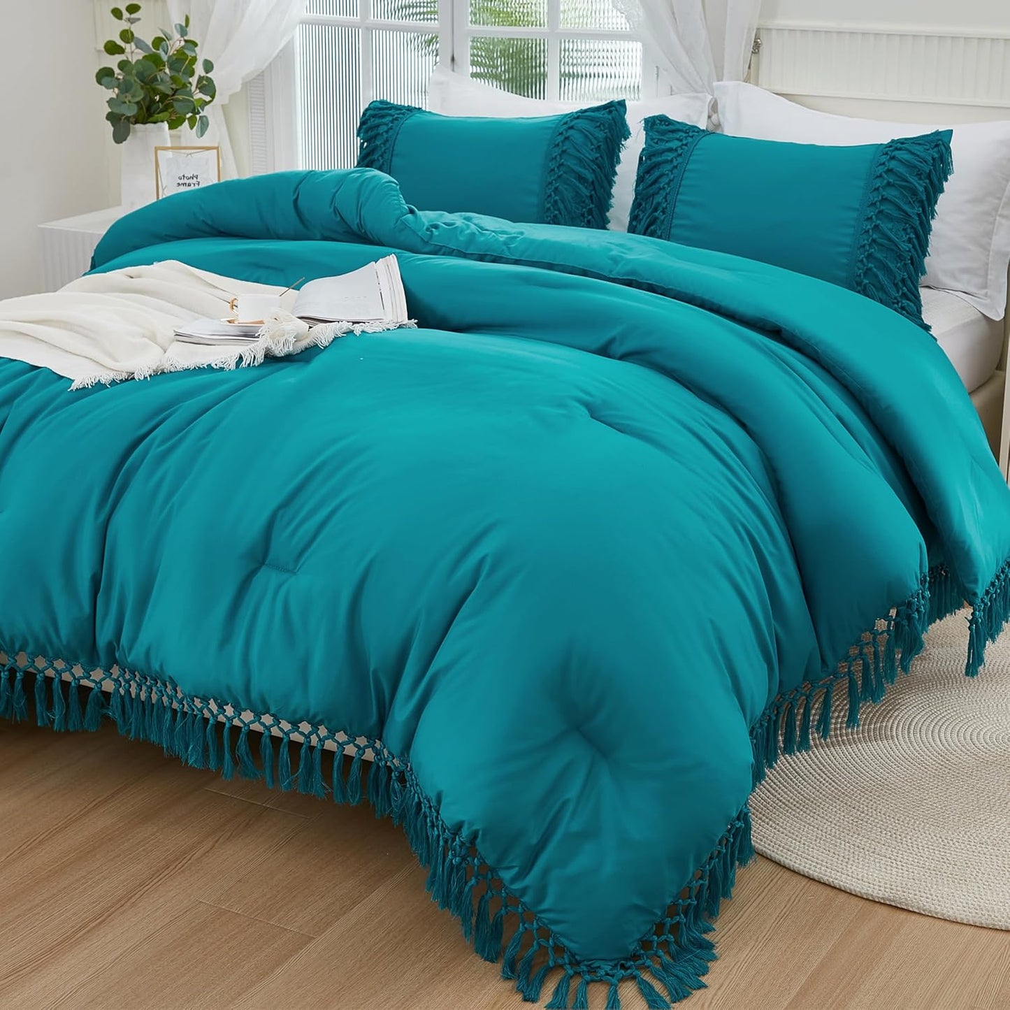Andency Turquoise Comforter Set King with Boho Tassel Design