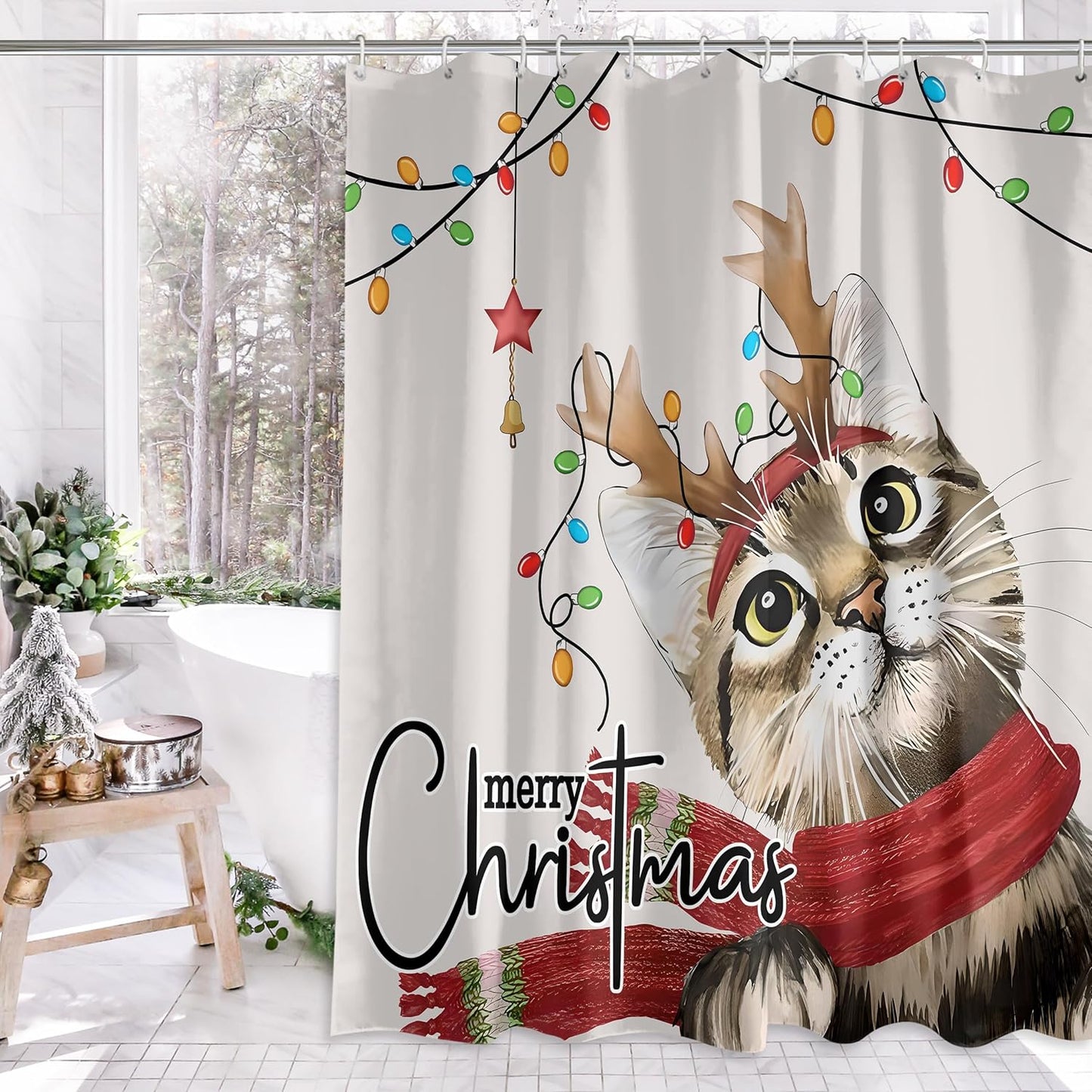 Merry Christmas Cat Shower Curtain - Cute & Waterproof 72x72 Inch