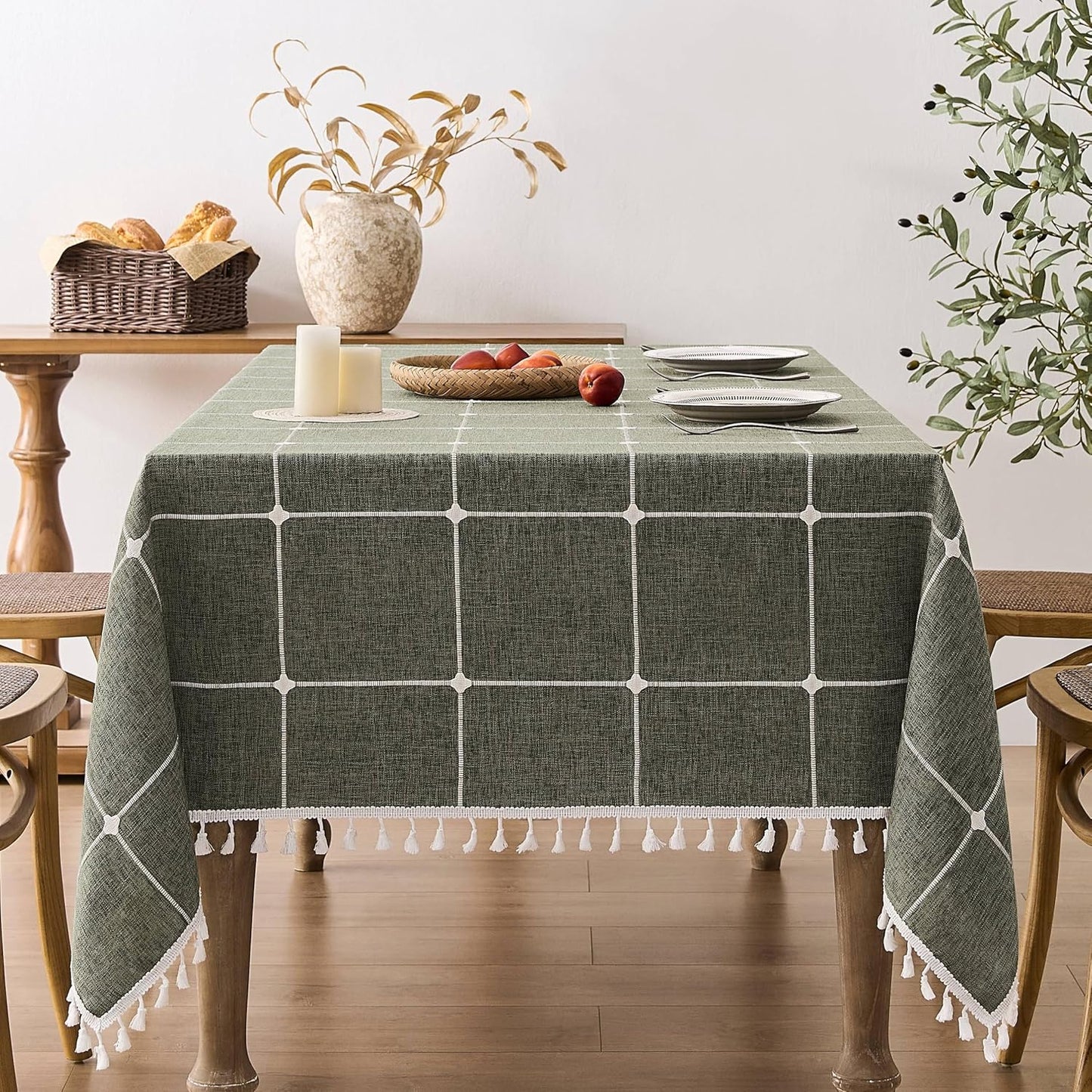 Boho Grid Table Cloth with Tassels - Olive Green 60 x 104 in