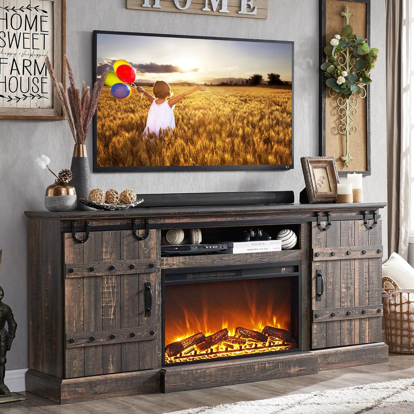 Rustic Oak Fireplace TV Stand - Farmhouse Chic for Big Screens!