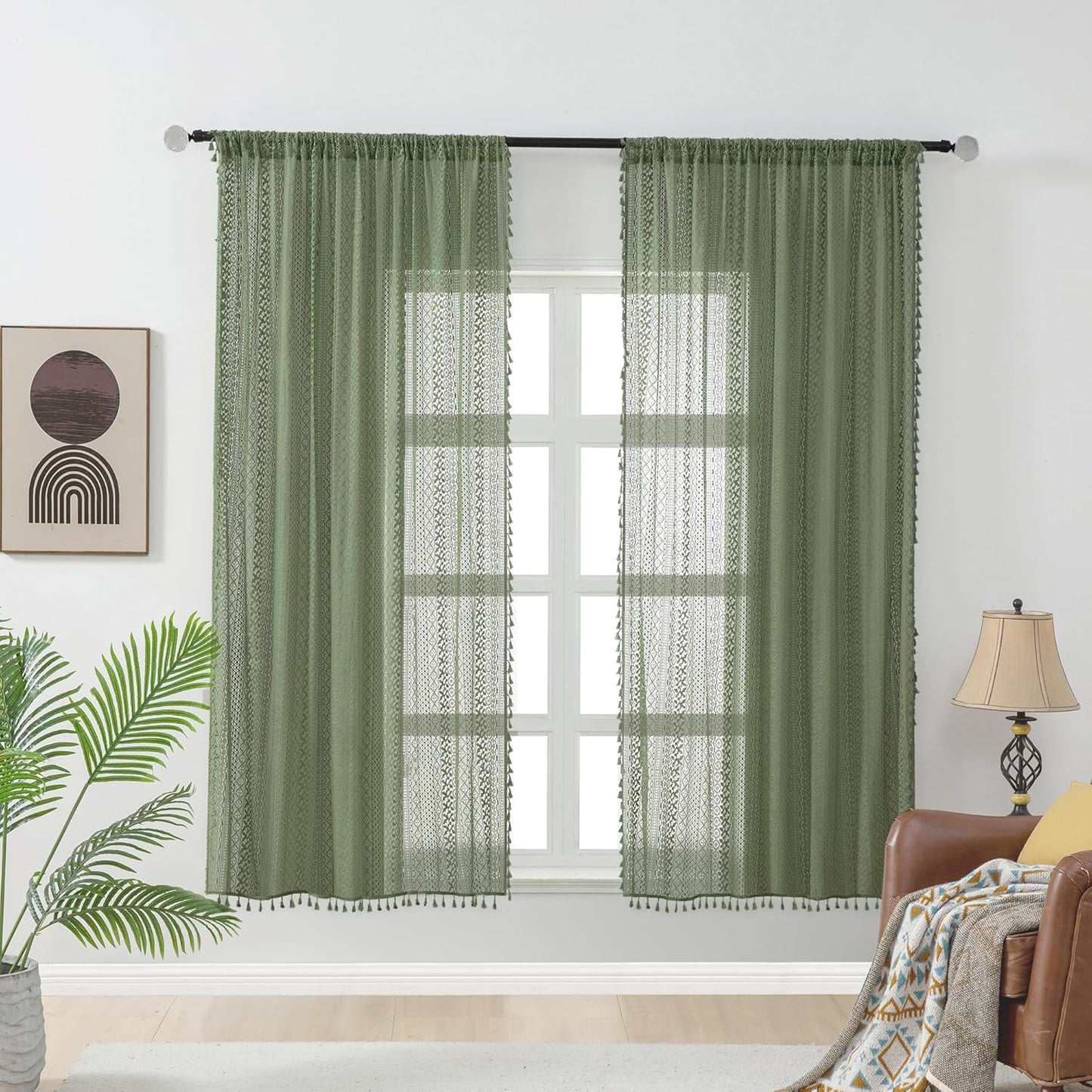 Oliver Green Curtains for Bedroom - Boho Sheer Lace Panels