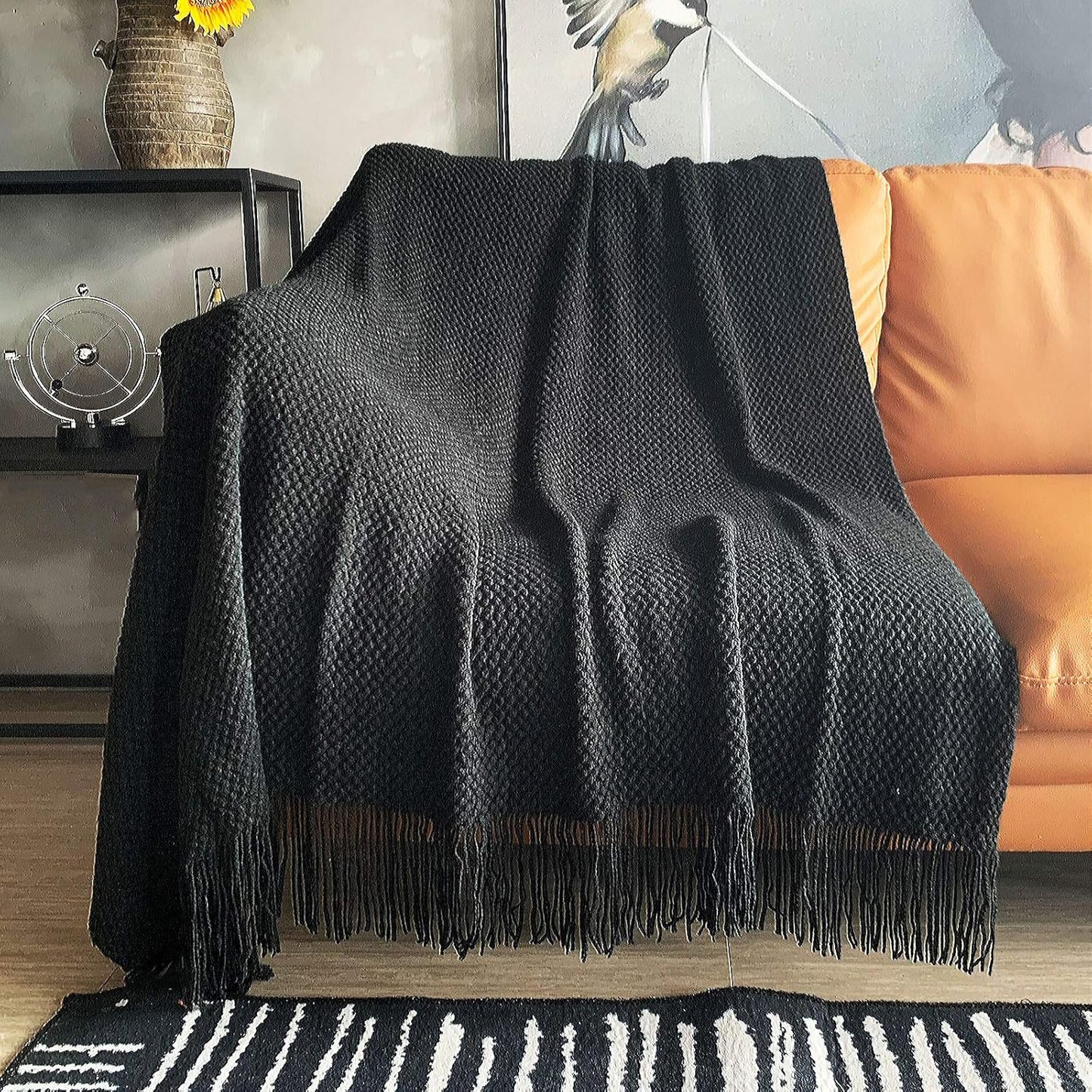 LOMAO Knitted Throw Blanket with Tassels for Cozy Home Decor