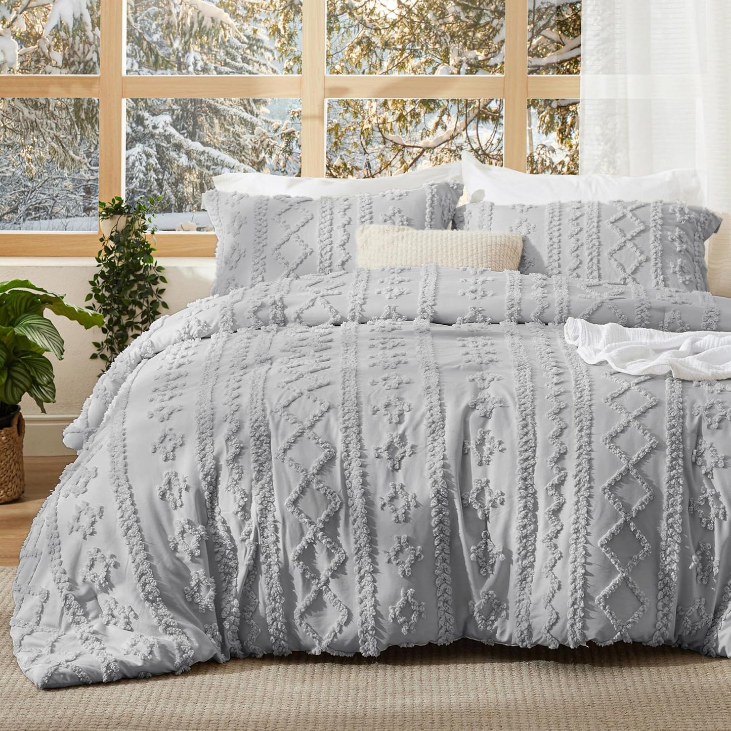 Boho Comforter Set Twin Size - Light Grey Tufted Bedding Set