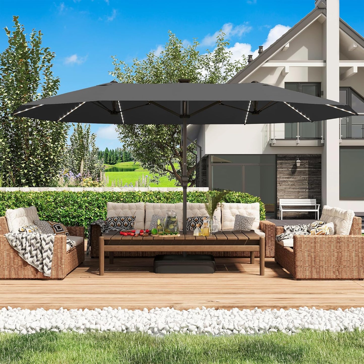 15ft Large Patio Umbrella with Solar Lights for Outdoor Spaces