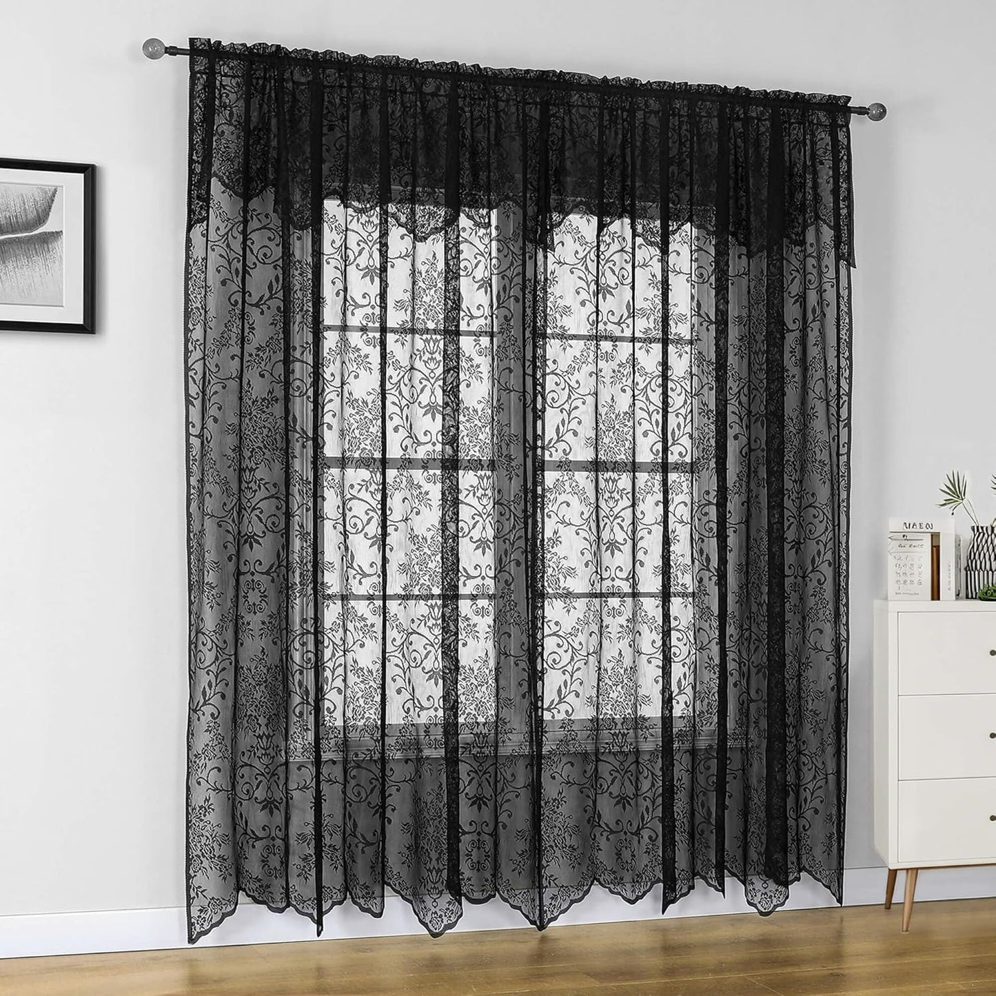 Gothic Embroidered Black Lace Curtains 63 Length - Halloween Home Decor