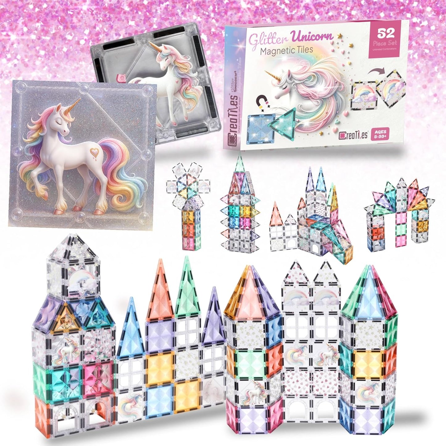 Glitter Unicorn Pony Magnetic Tiles for Creative Kids Playtime