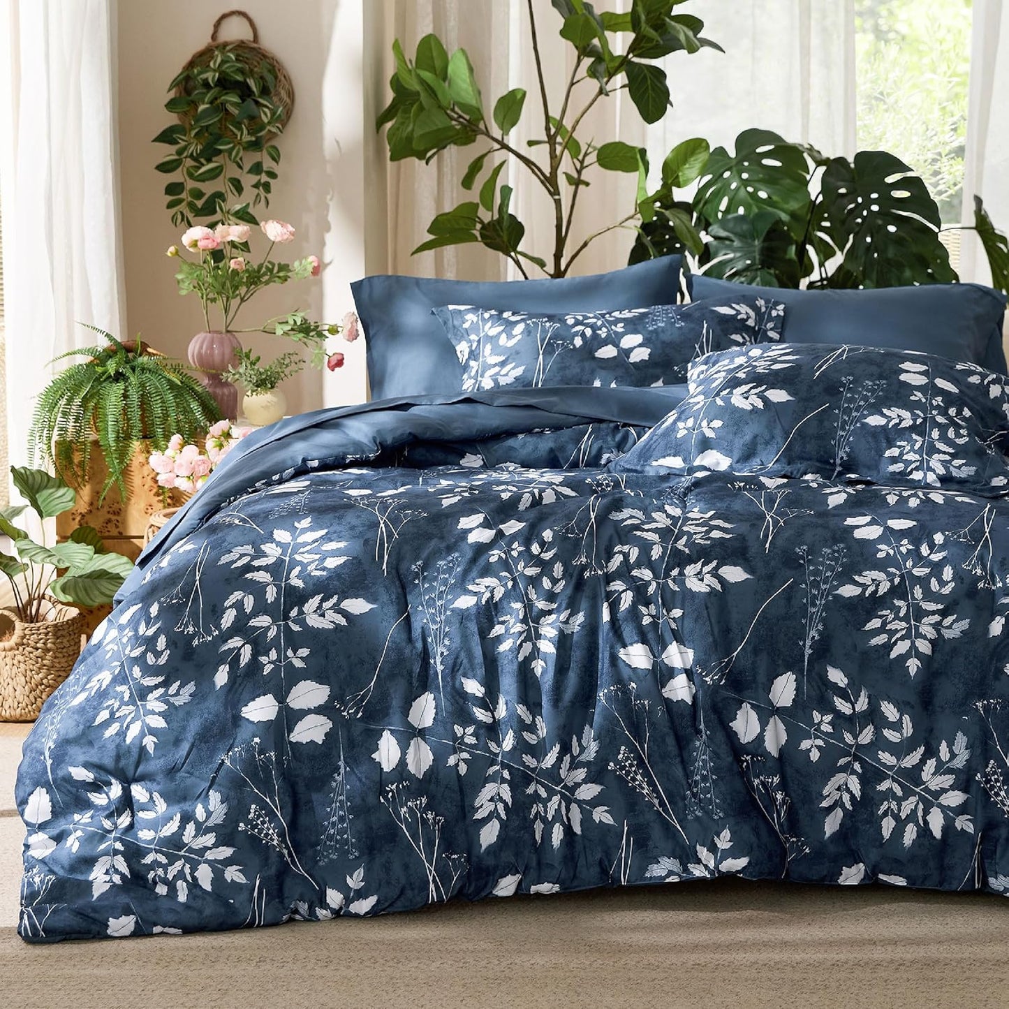 Bedsure Full Size Comforter Set - 7 Pieces Floral Navy Bedding