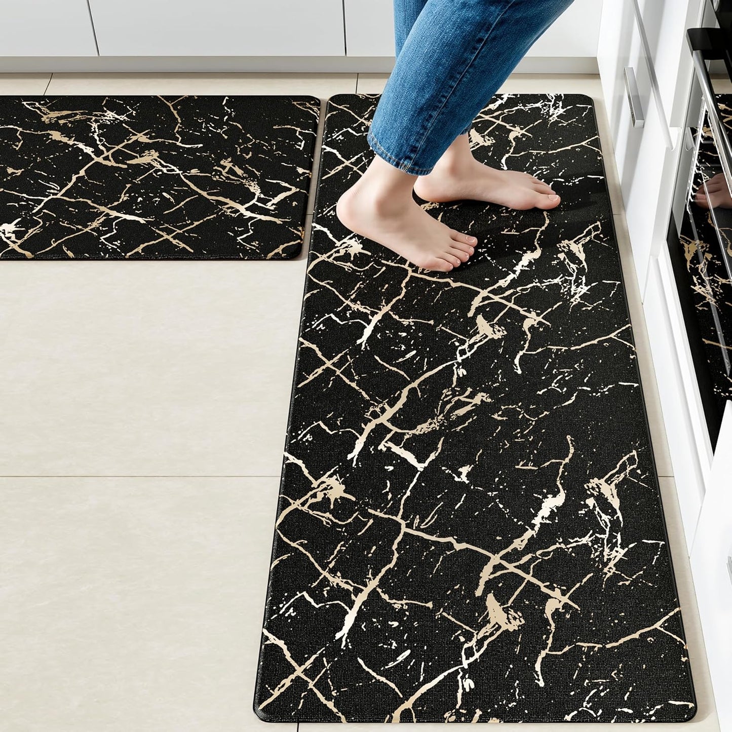 Gold Foil Stamped Marble Kitchen Mats for Comfort and Style