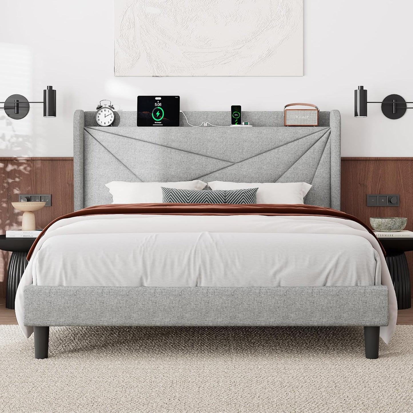 Feonase Queen Bed Frame with Charging Station for Comfort