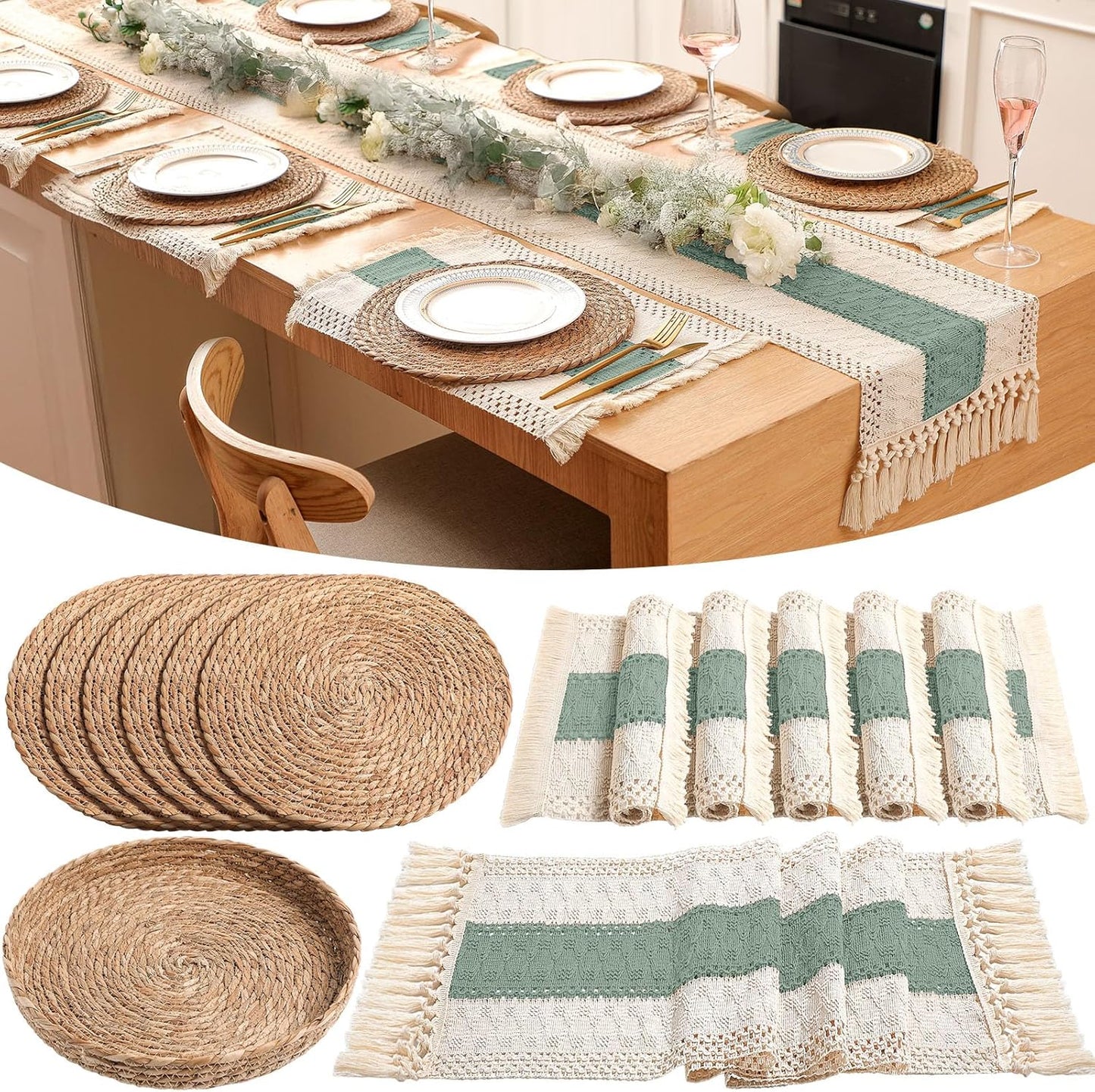 Boho Placemats Set of 6 with Macrame Style Table Runner