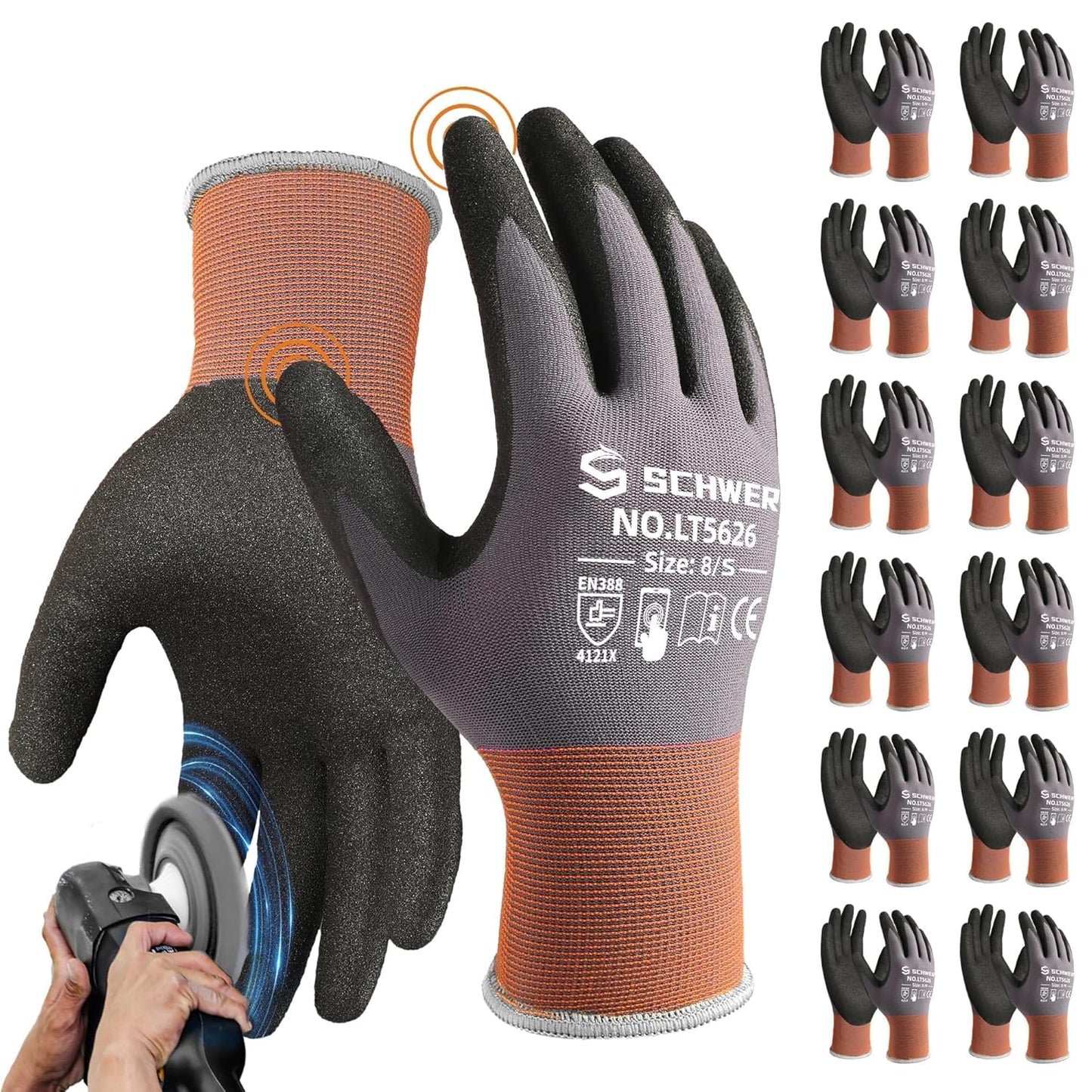 Schwer 12 Pairs Safety Work Gloves with Sandy Nitrile Coating