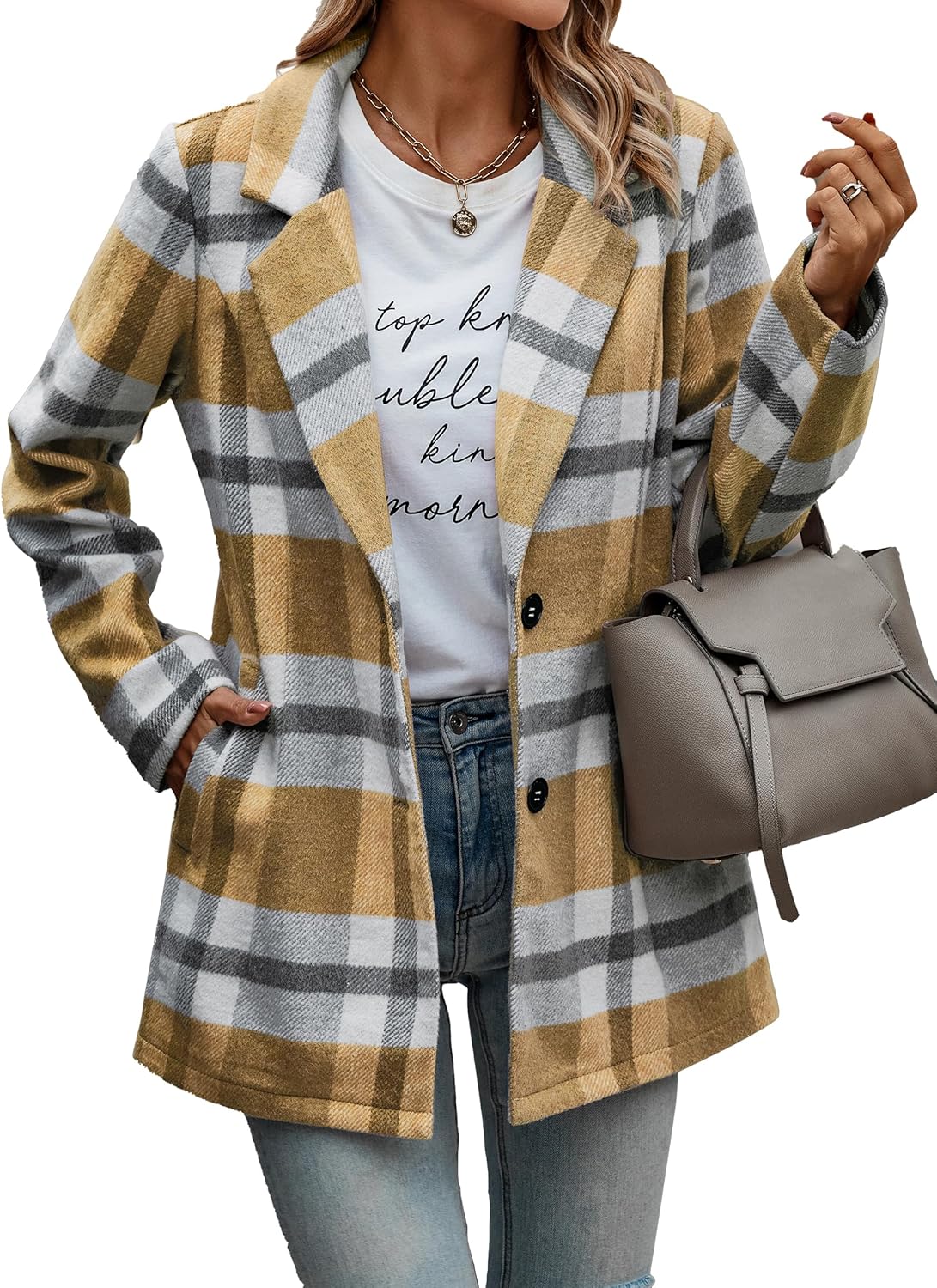Stylish Women's Plaid Shacket Jacket with Pockets for Fall