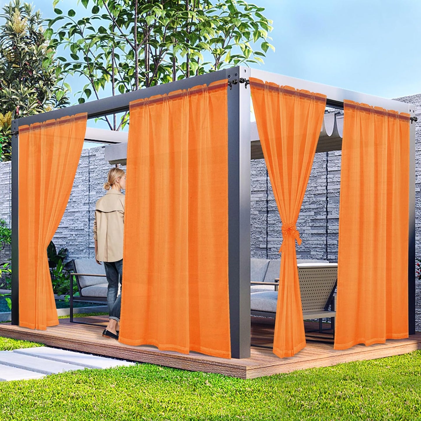 4 Panels Outdoor Sheer Curtains for Patio, Waterproof Privacy