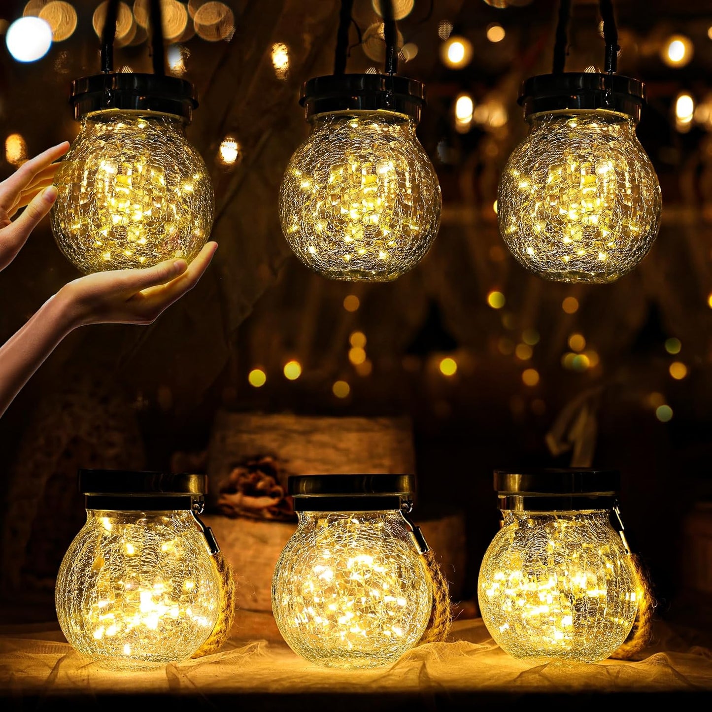 Cooo 6 Pack Heavy Crackle Glass Solar Lanterns for Outdoor Use