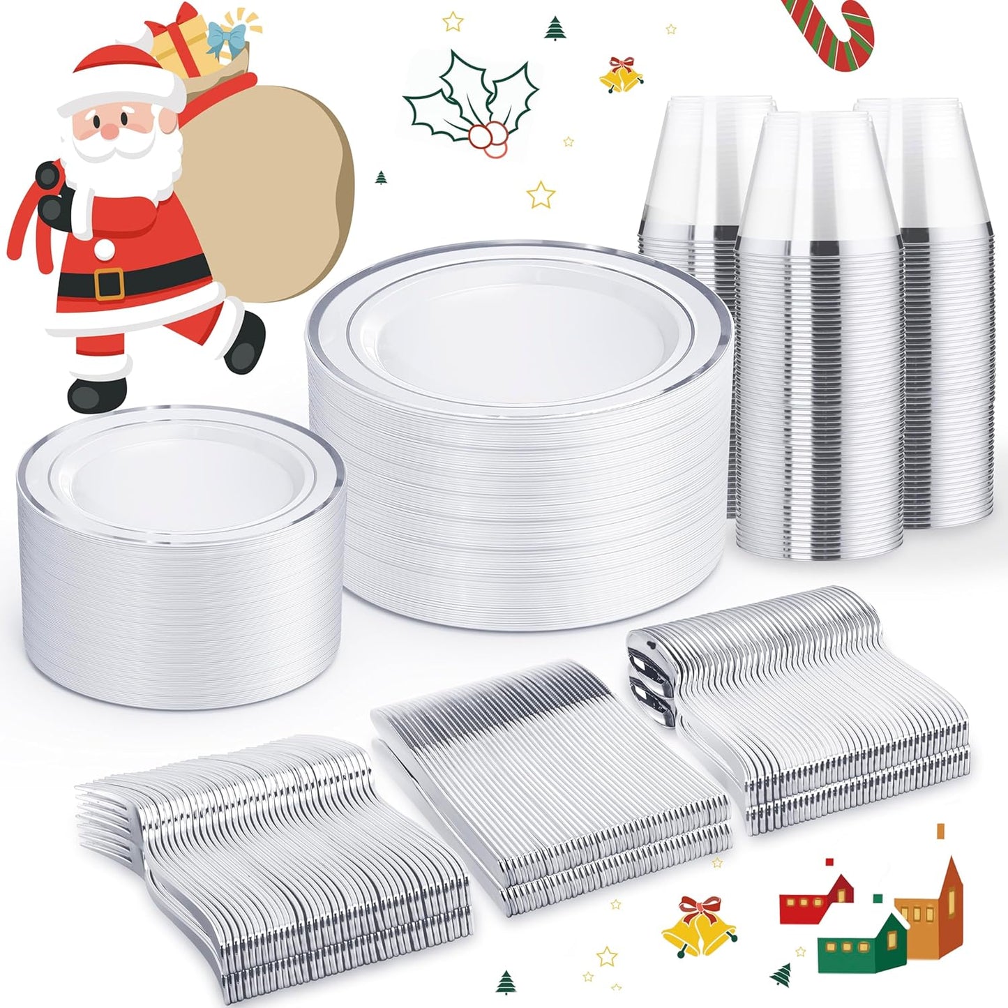 WELLIFE 450 PCS Silver Disposable Dinnerware Set for 75 Guests