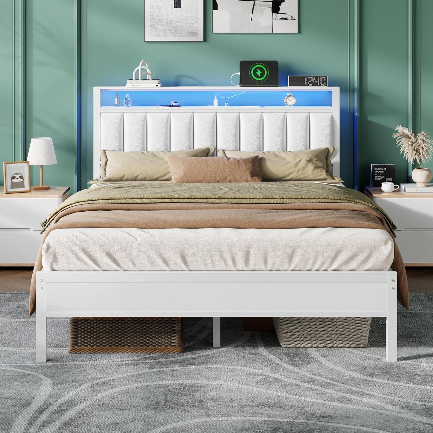 Furnulem White Queen Bed Frame with LED Lights and Charging Station