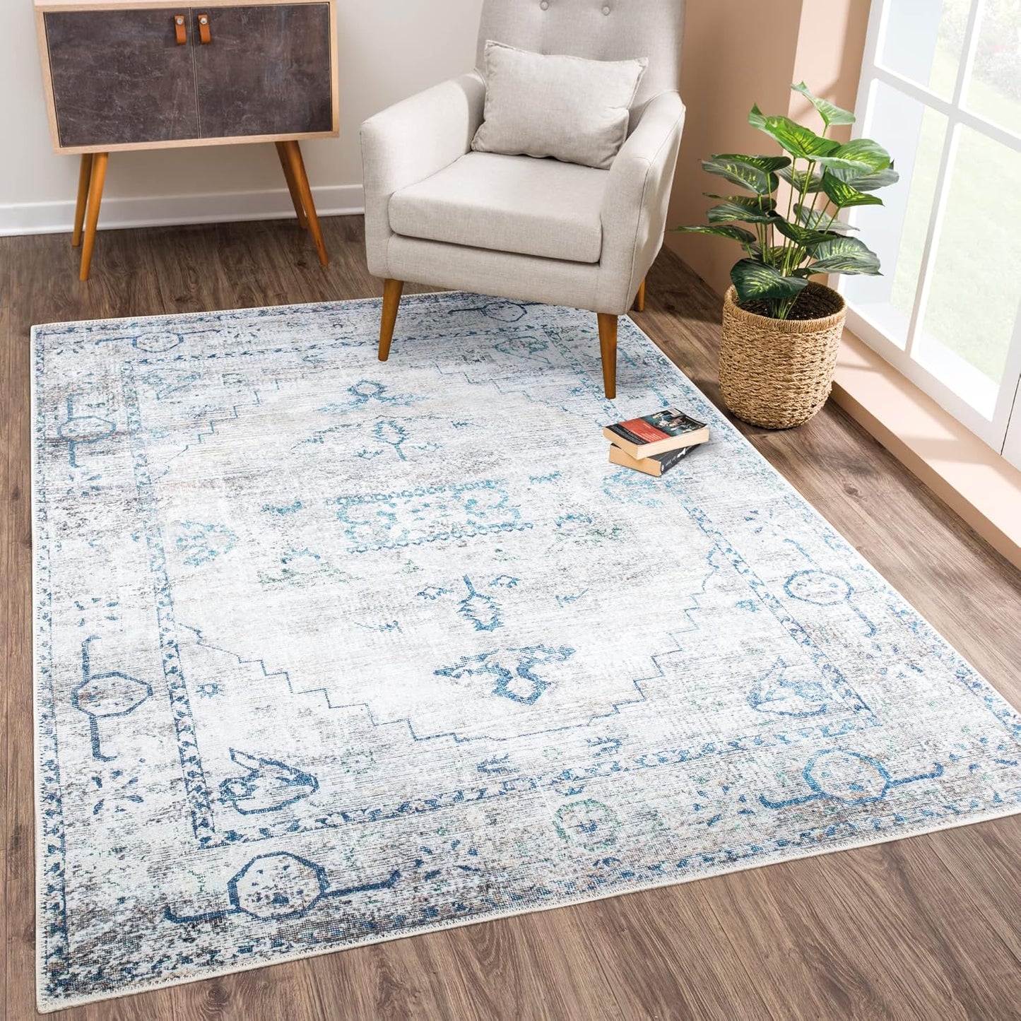 Bloom Rugs Washable Non-Slip 8ft x 10ft Teal/Beige Area Rug