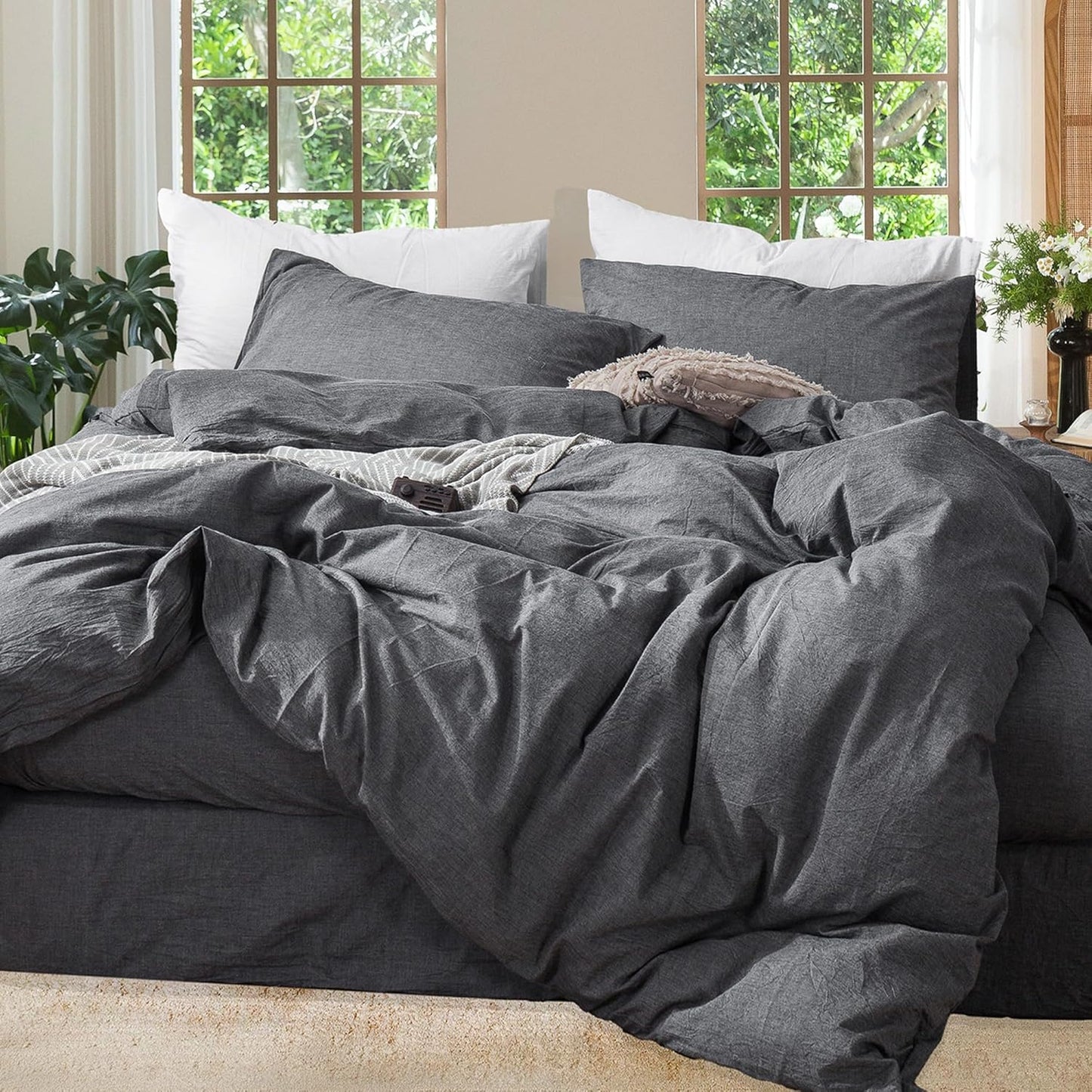 MooMee Bedding Duvet Cover Set in Heathered Dark Grey for Comfort