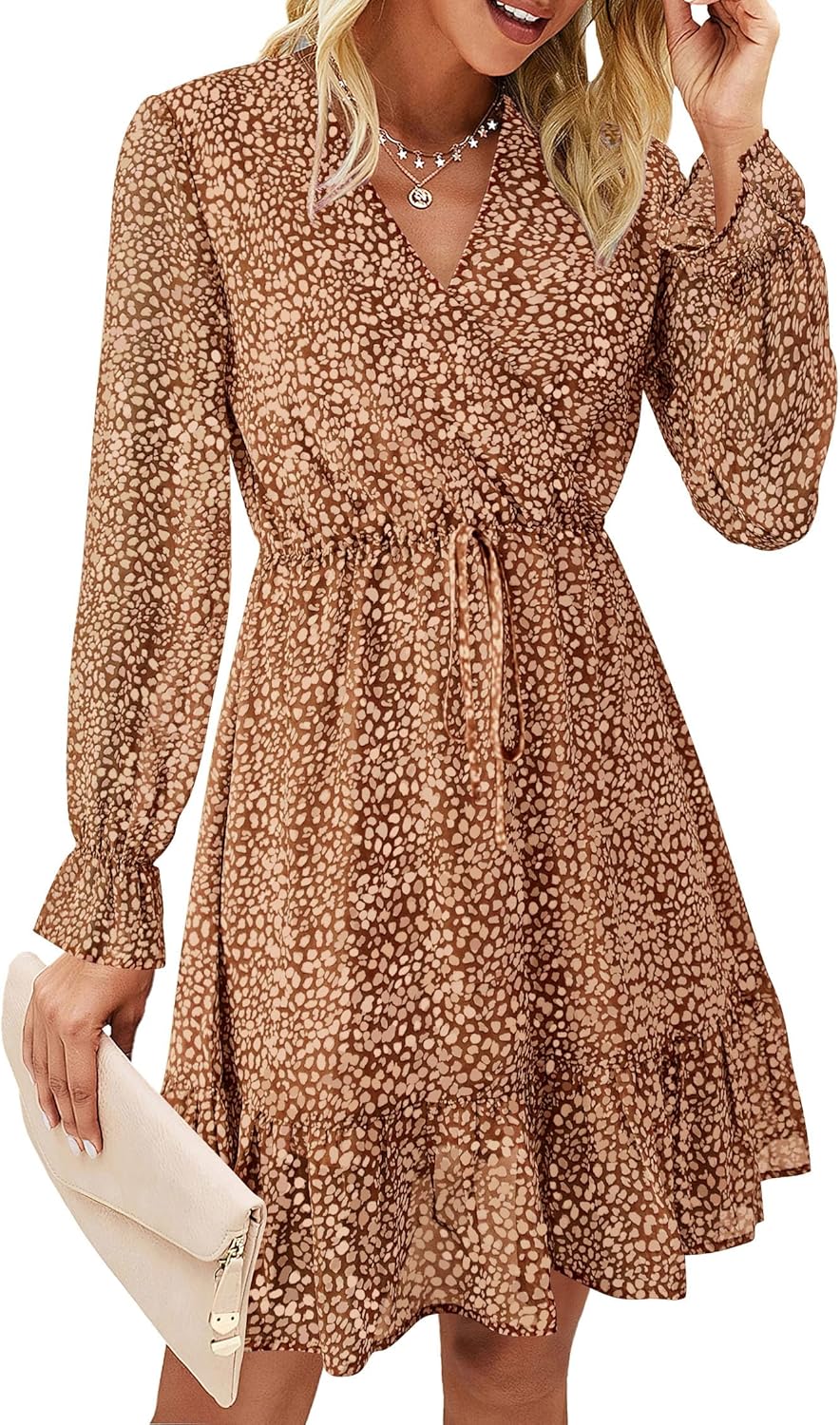 KIRUNDO Women Casual Summer Fall Dresses Long Sleeve Floral Wrap