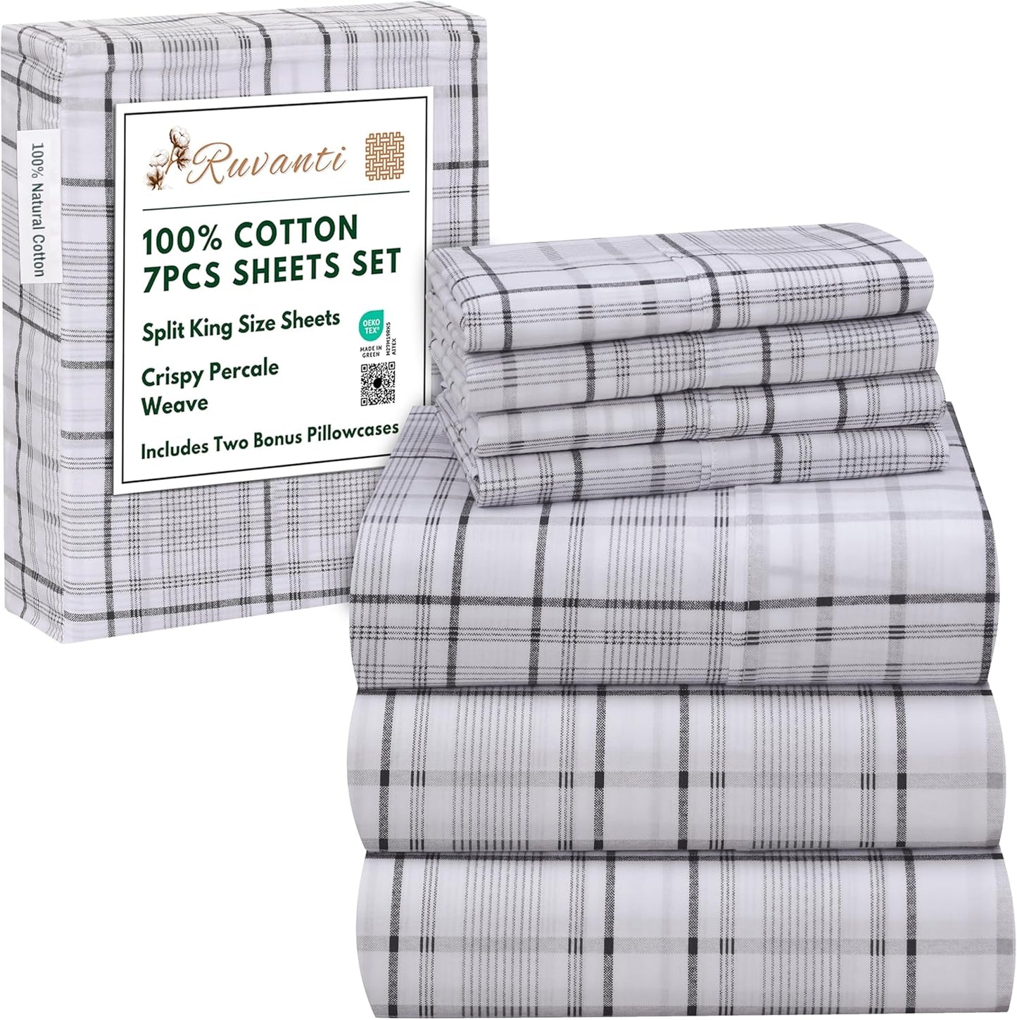 RUVANTI 100% Cotton Split King Sheets Set for Adjustable Beds