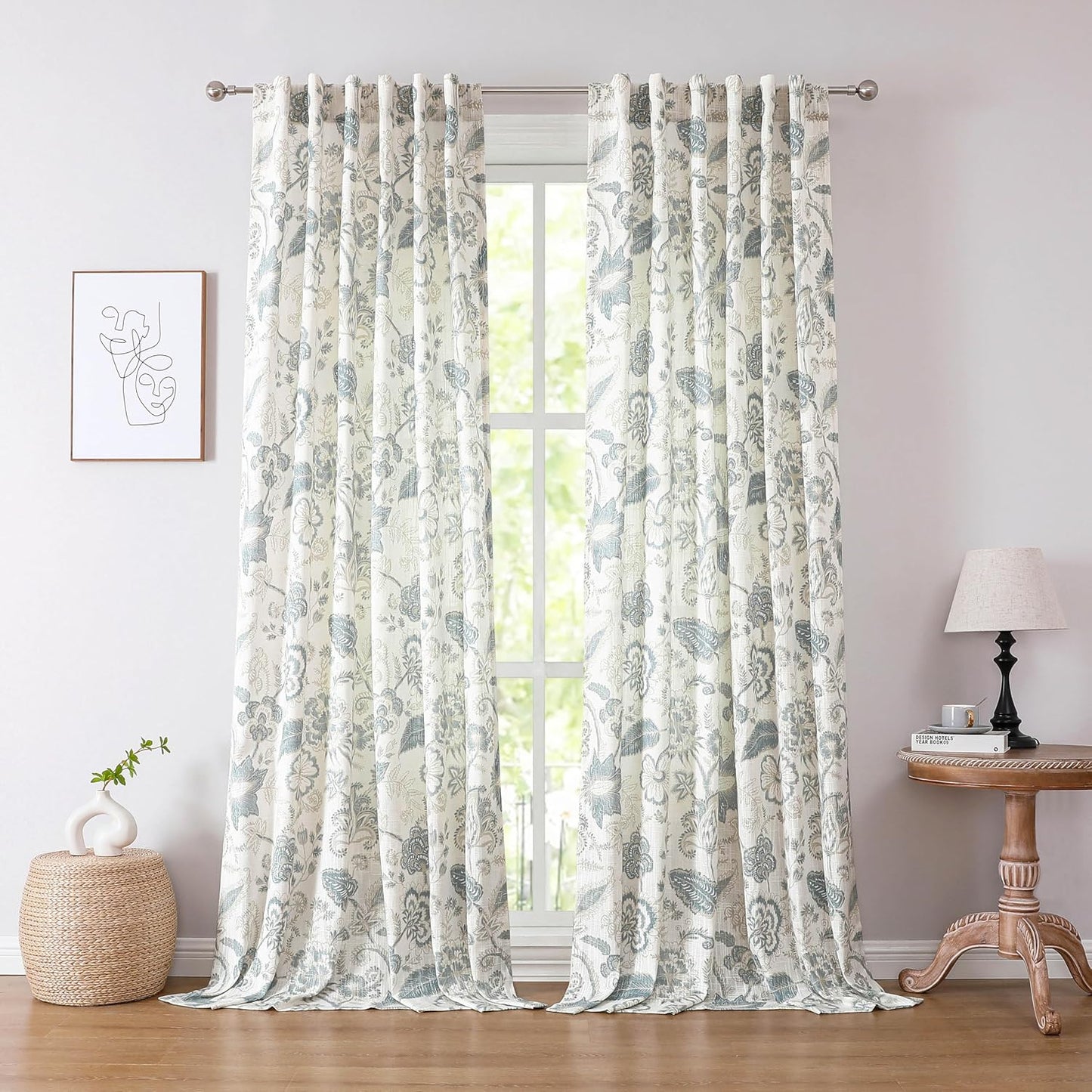 Blue Grey Curtain Panels with Botanical Leaf Print for Home Decor