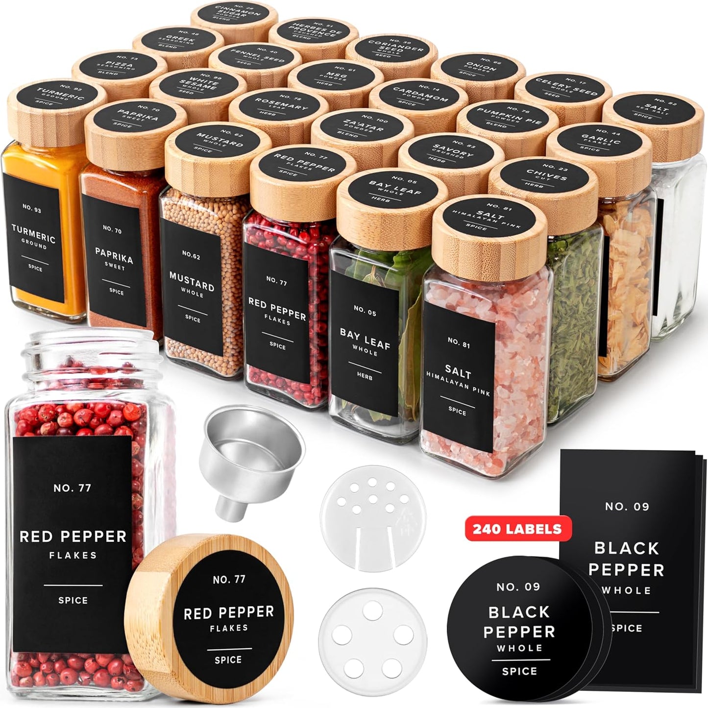 EDELHAUS Square Spice Jars with Bamboo Lid for Kitchen Storage