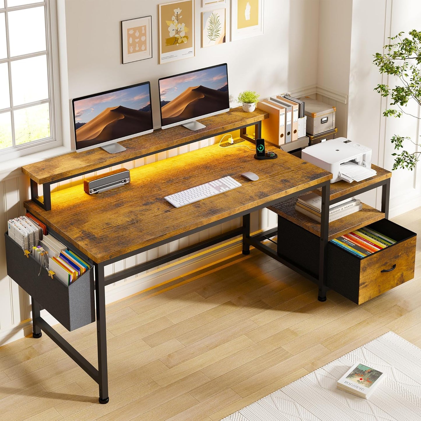 EnHomee 57 Computer Desk with Power Outlets - Rustic Brown