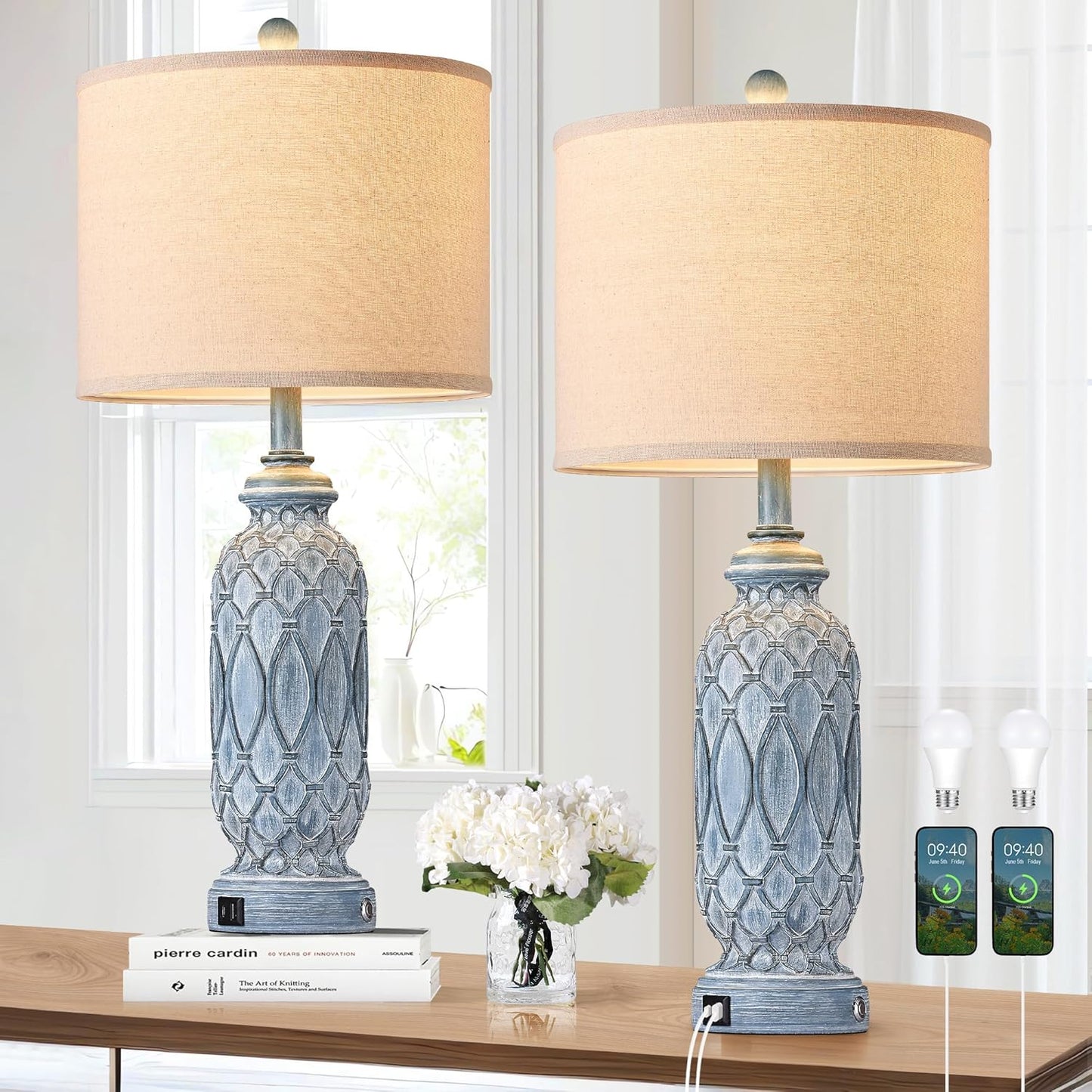 Farmhouse Lamps for Bedroom Set of 2 with USB Ports and Dimming