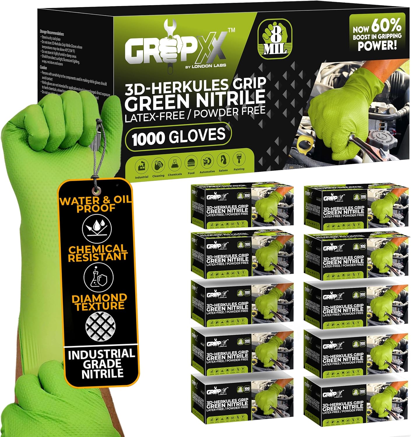 Herkules Grip Heavy Duty 8Mil Green Nitrile Gloves for Safety
