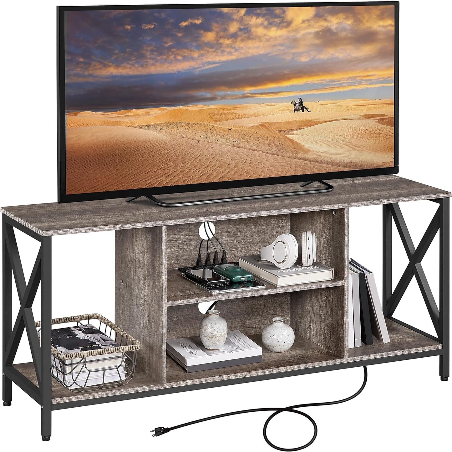 Yaheetech TV Stand: Power Outlet, Industrial Console for PS, Taupe Wood