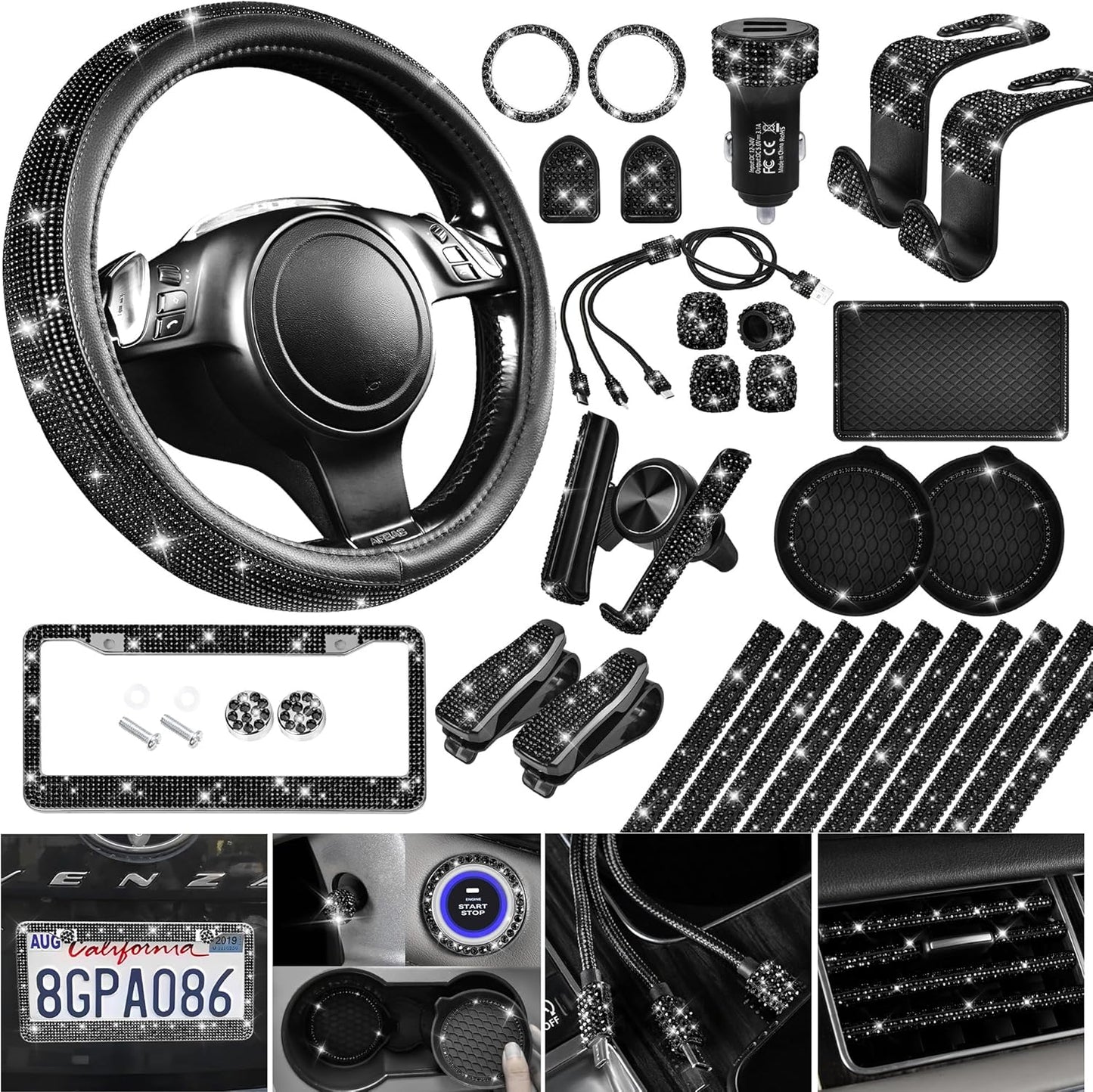 Bling Diamond Car Accessories Set for Women - 30 PCS Package