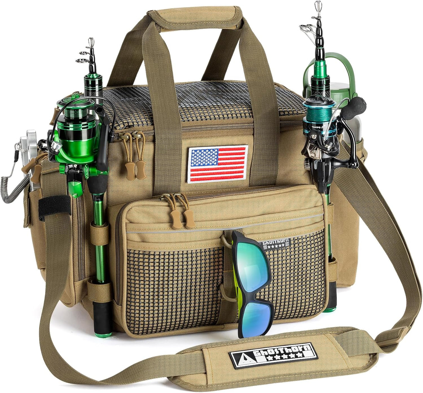 Ghosthorn Fishing Tackle Bag with Rod Holder for All Adventures