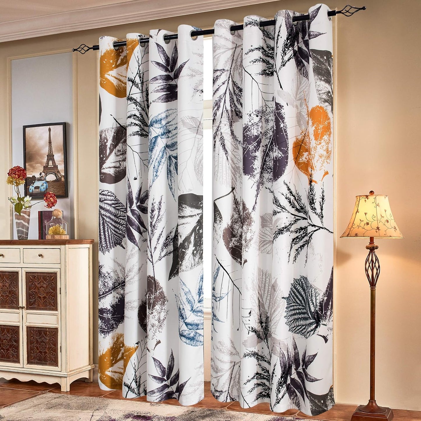 SUBRTEX Light Filtering Curtains for Living Room, Gray Floral Drapes