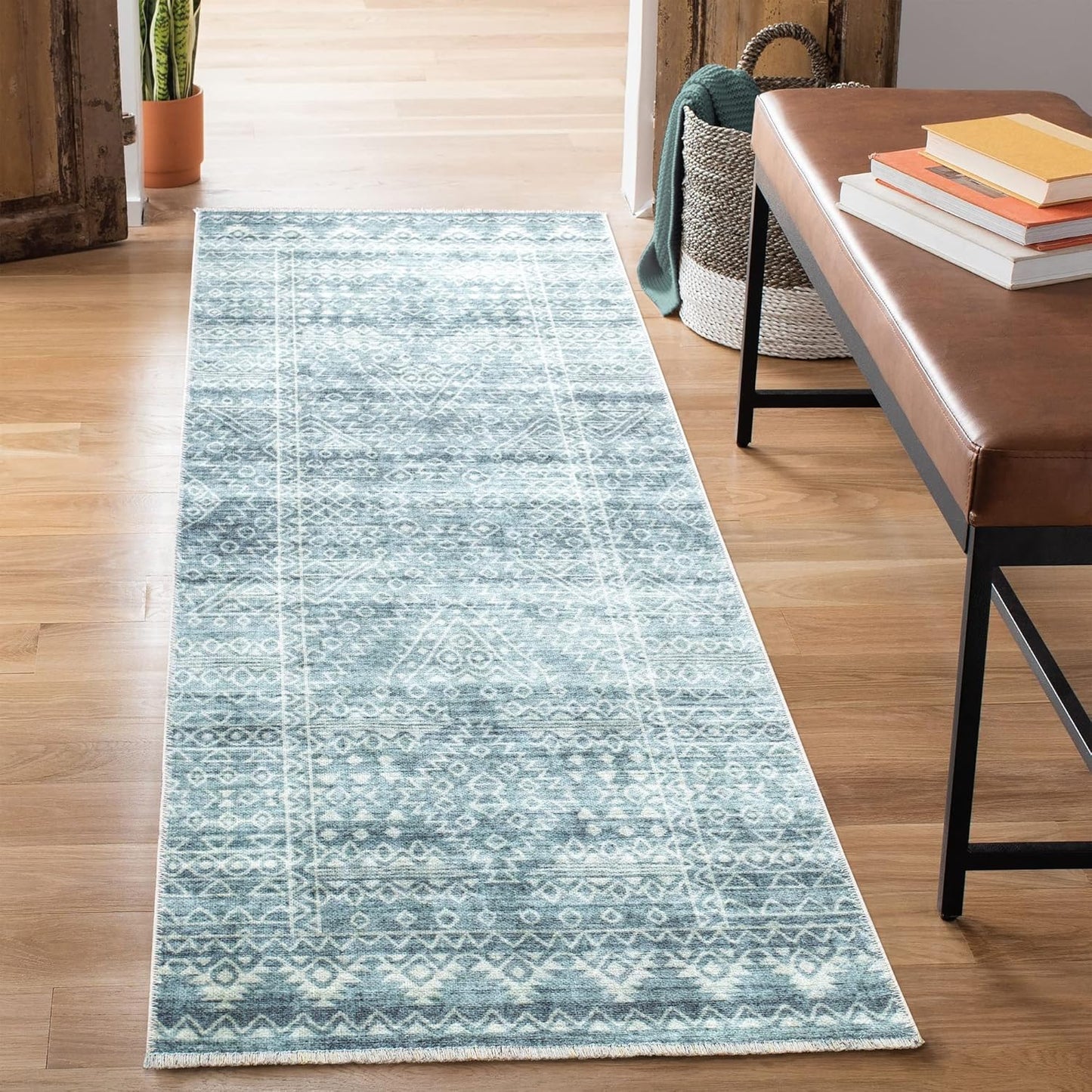 Caria Washable Non-Slip 7 ft Runner - Teal/Ivory Geometric Rug