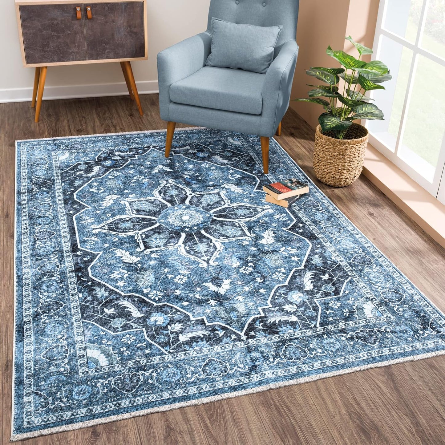 Caria Washable Non-Slip 4x6 Rug - Blue/Charcoal for Any Room