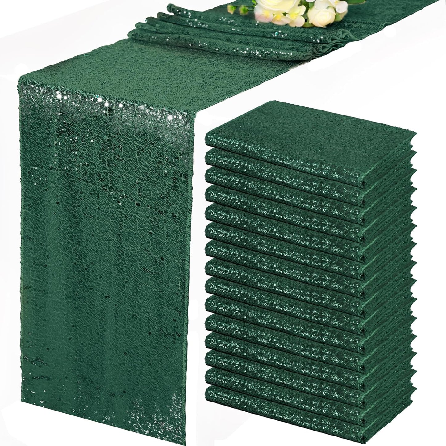 15 Pack Emerald Green Sequin Table Runners for Events and Parties