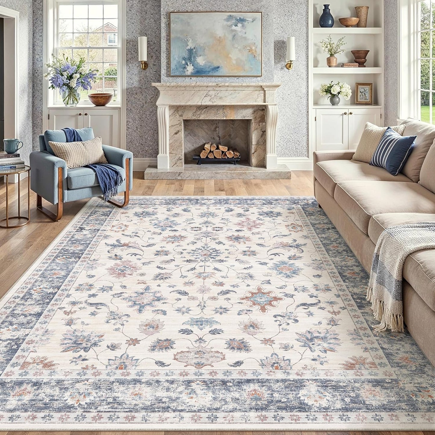 Vintage Blue Area Rug 8x10 for Living Room and Bedroom Use