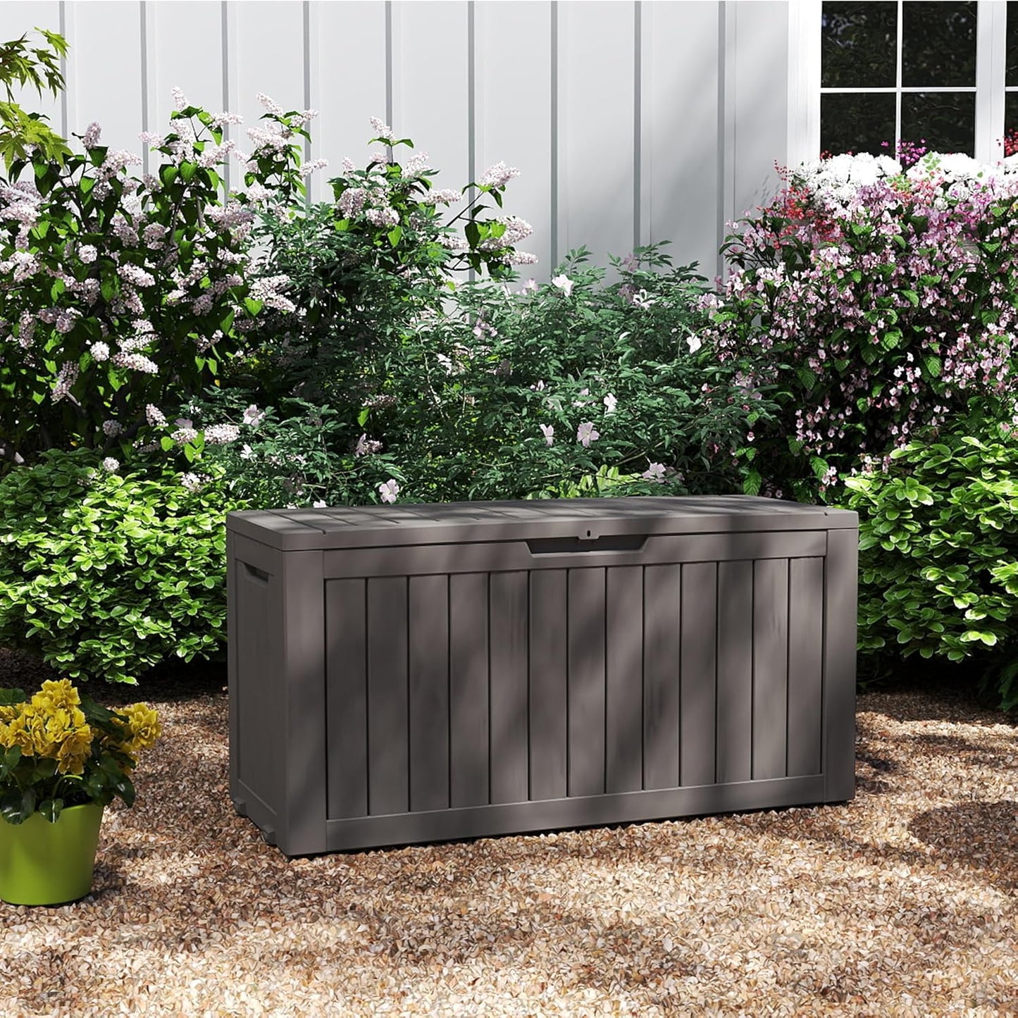 80 Gallon Coffee Resin Deck Box for Rustic Outdoor Storage