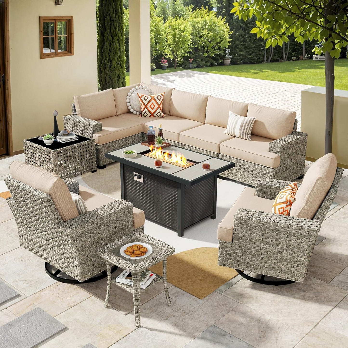 HOOOWOOO Outdoor Sectional Patio Furniture Set with Fire Pit