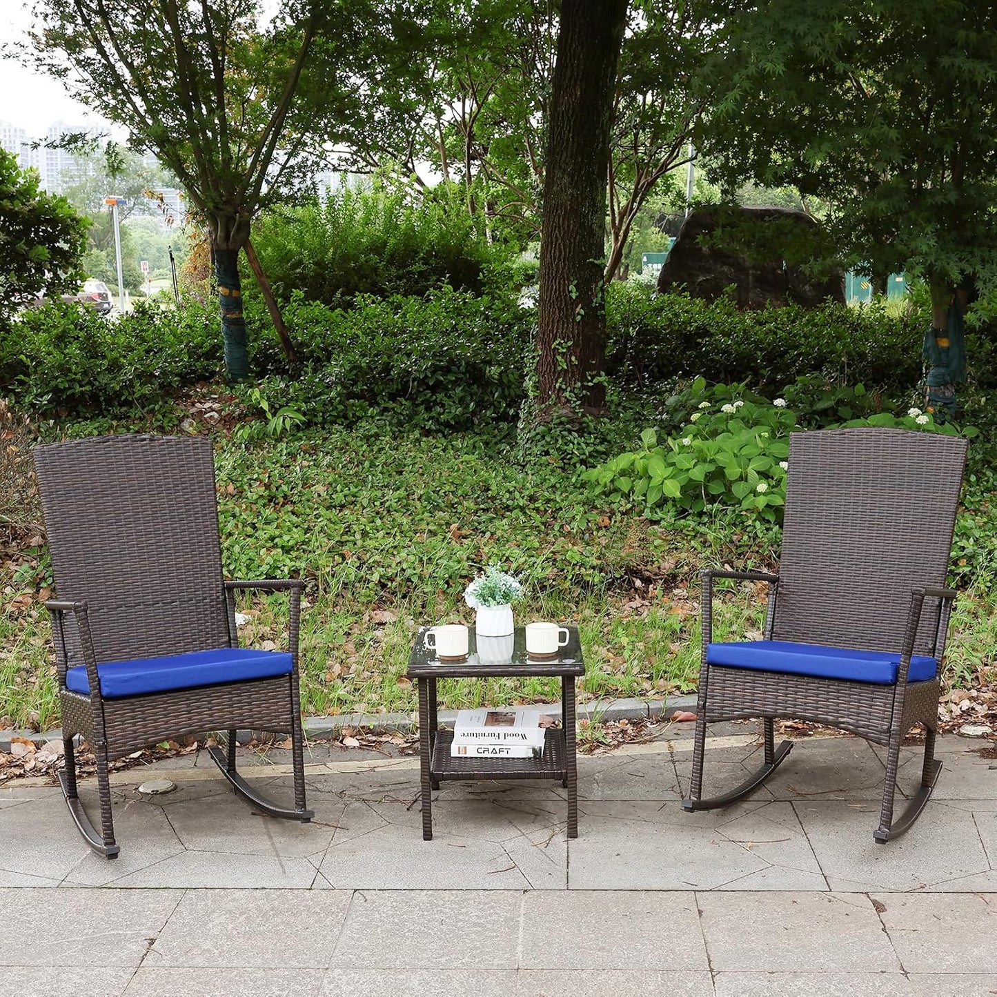 Rocking Chair Outdoor Set of 2 with Bistro Table in Royal Blue