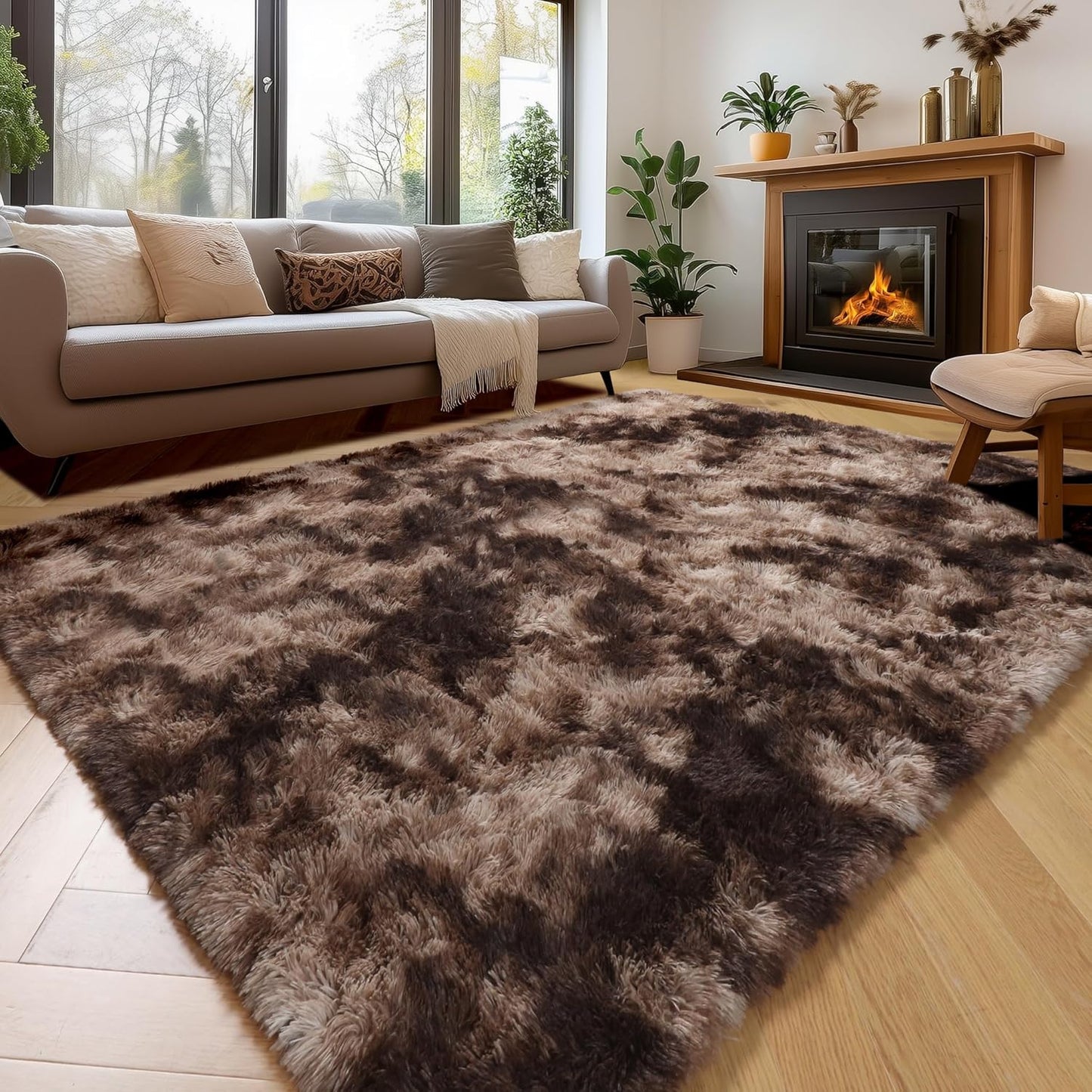 Amdrebio Tie-Dyed Brown Rugs for Bedroom and Living Room