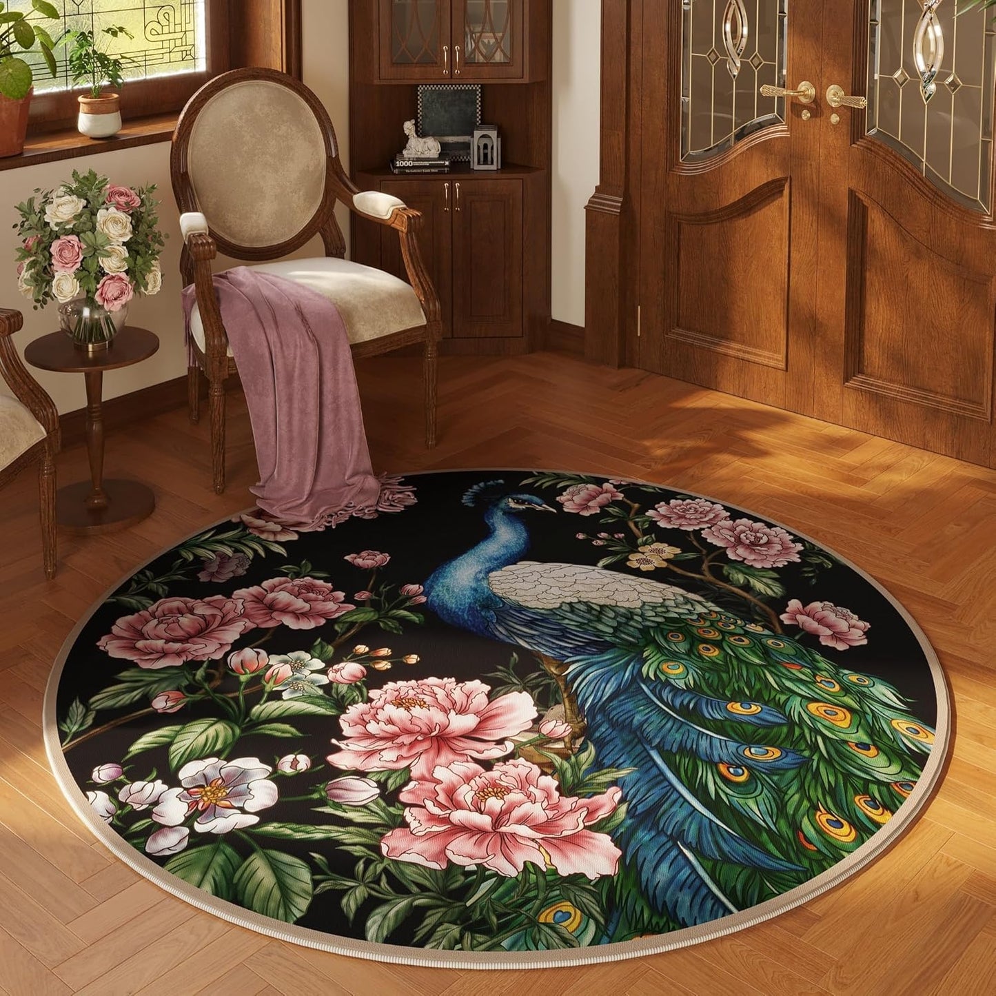 Round Rug 4ft Washable Non Slip Floral Peacock Design for Home