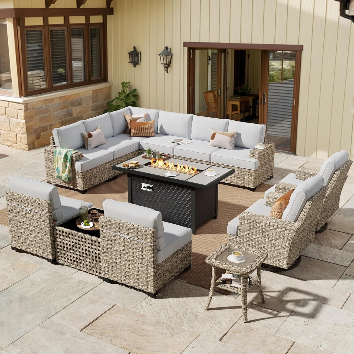 HOOOWOOO Outdoor Sectional Patio Furniture Set with Fire Pit