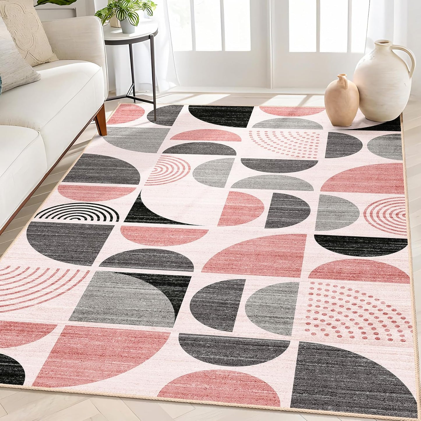 MUJOO Pink Rug Boho Washable 4x6.5 Area Rug for Home Decor