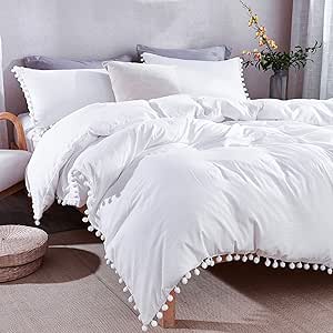 Andency Pom Pom Fringe Duvet Cover Set for Queen Size Beds