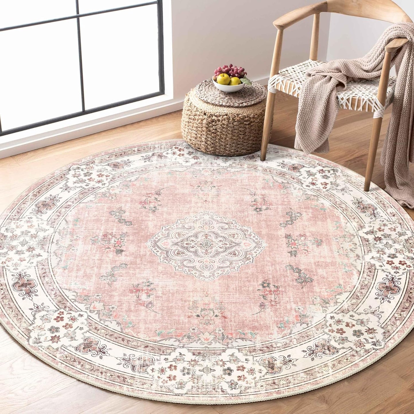 MUJOO Pink Round Rug 4ft for Bedroom Living Room and More