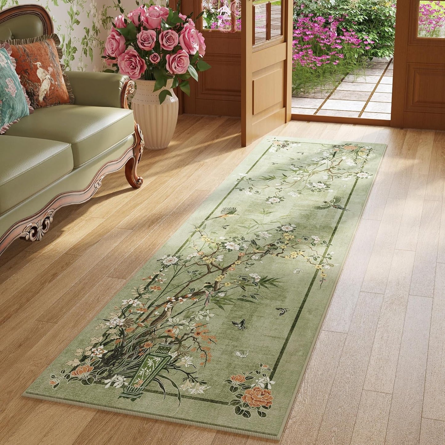 Chinoiserie-Style Floral Runner Rug for Kitchen and Laundry