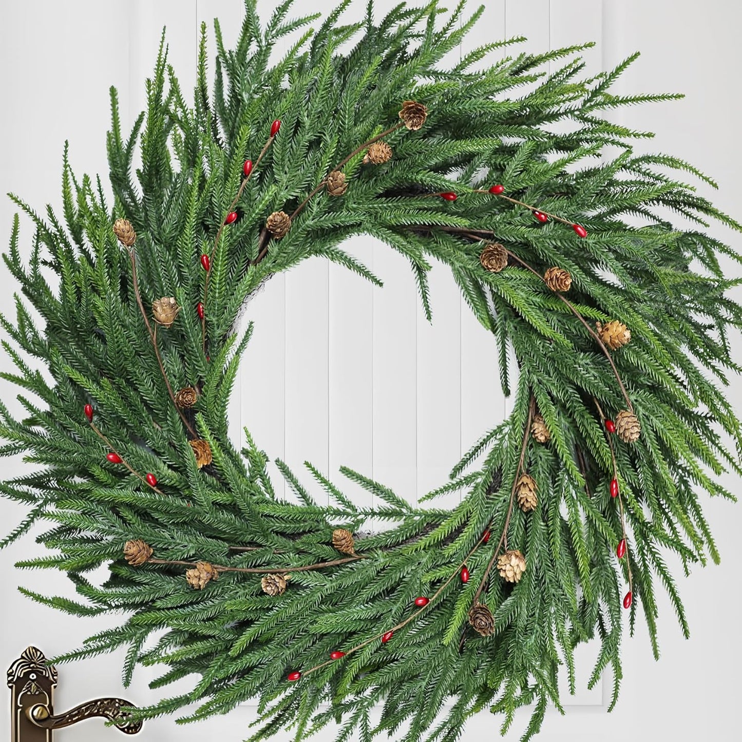 24 Inch Pine Wreath for Front Door with Red Berries Decor